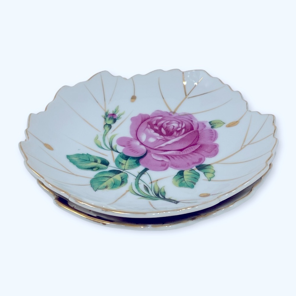 Vintage NASCO Gold Trimmed Leaf Rose Floral Dish Japan Porcelain. Set of 2